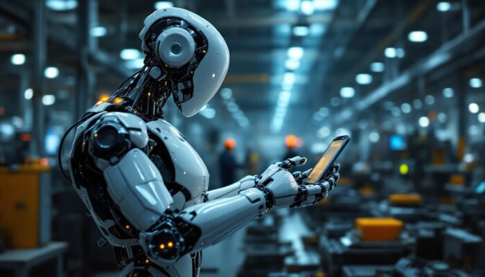 A photograph of a sleek industrial robot in action within a modern manufacturing facility