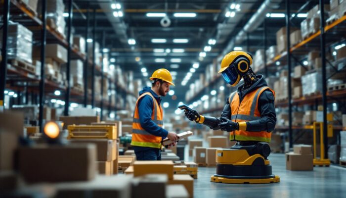 A photograph of a modern warehouse environment showcasing a robotic scanner in action