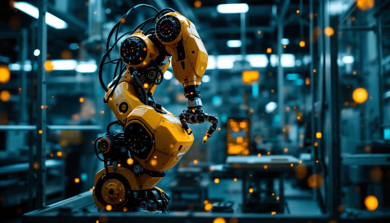 A photograph of a high-tech industrial robot in action within a manufacturing environment