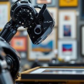 A photograph of a sleek industrial robot in action at the picture framing warehouse