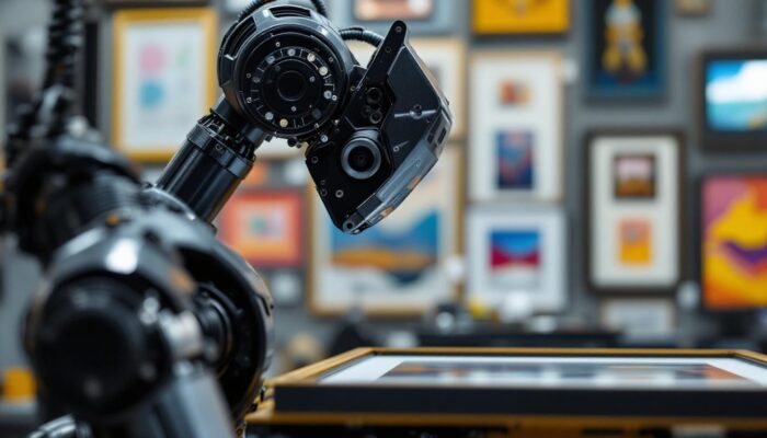 A photograph of a sleek industrial robot in action at the picture framing warehouse