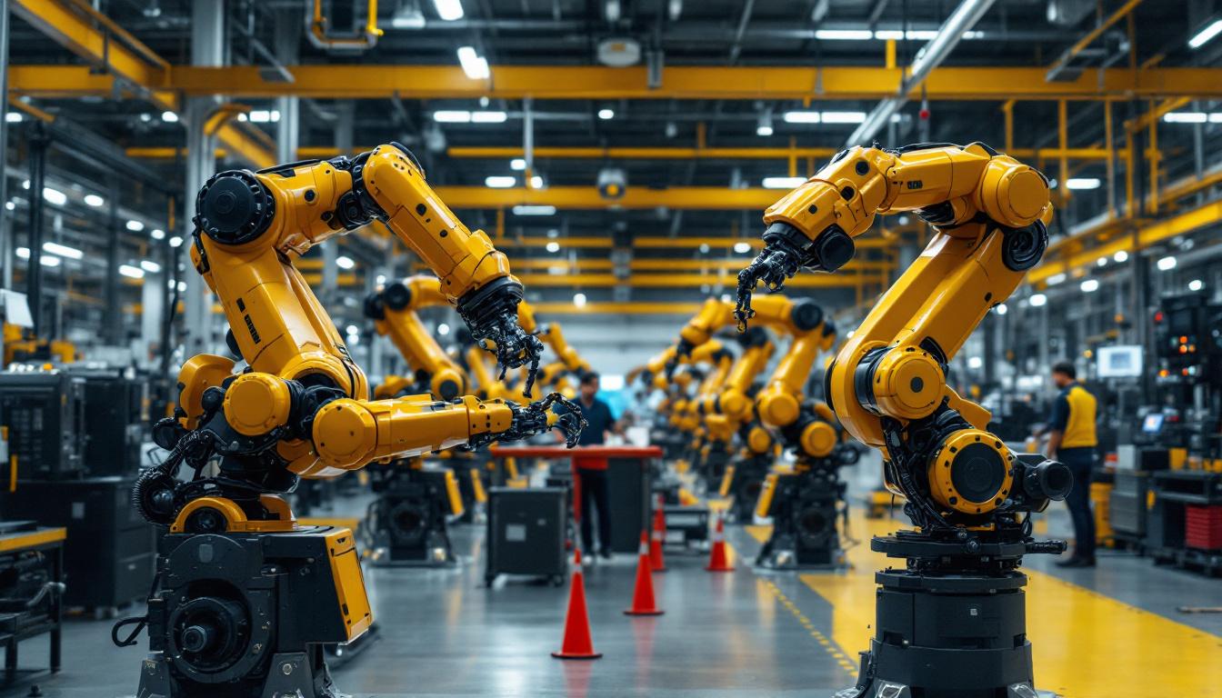 A photograph of a dynamic factory floor scene featuring various industrial robots in action