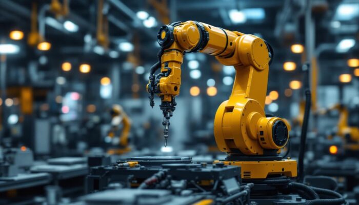 A photograph of a sleek industrial robotic arm in action