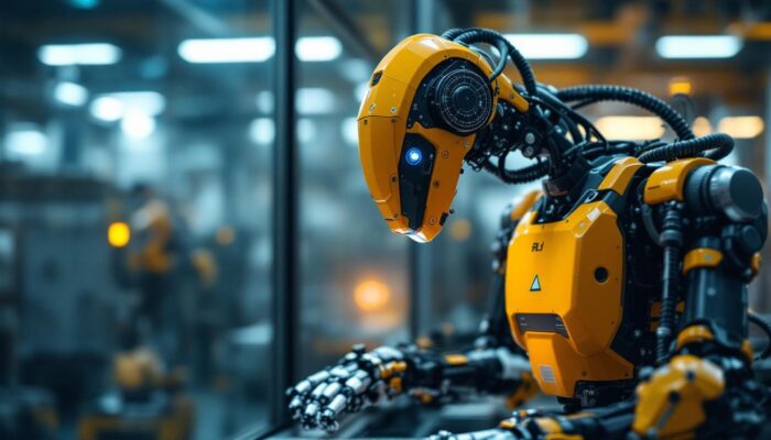 A photograph of a state-of-the-art industrial robot in action within a massachusetts manufacturing facility