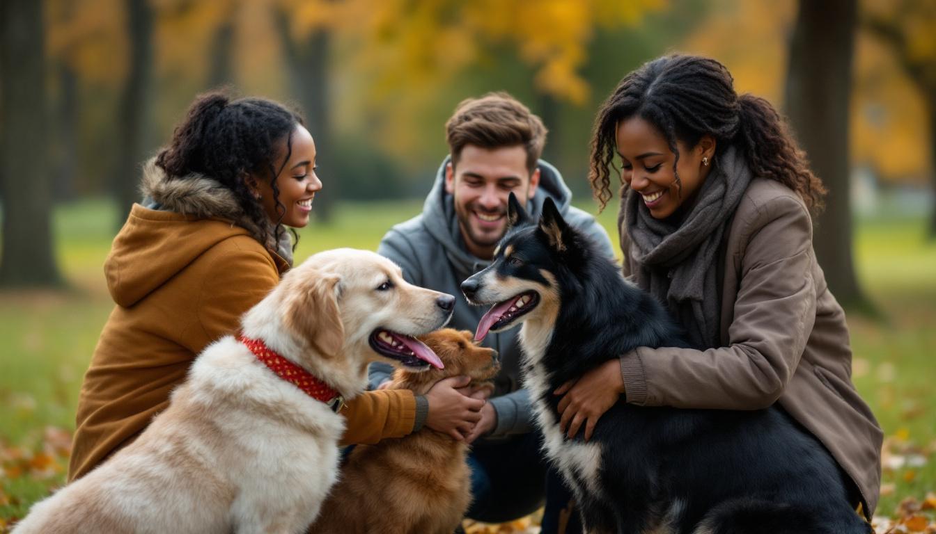 A photograph of a diverse group of people interacting safely and positively with dogs in a park setting